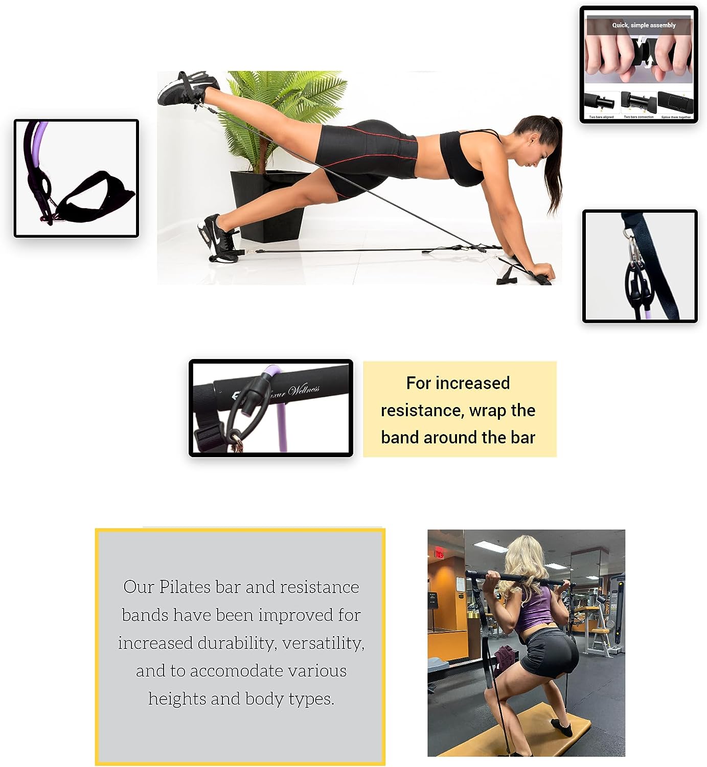 Improved Pilates Bar Kit with Resistance Bands, Door Anchor, Booty Band, Multifunctional Portable At Home Workout Equipment Bar For Women & Men, Full Body Yoga Pilates Gymstick for Shaping and Toning